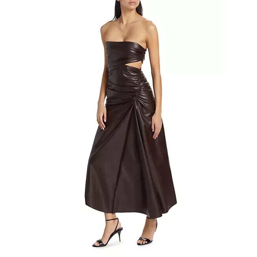ALC Andie Faux Leather Strapless Midi Dress Cut Out Women's Brown Size 10